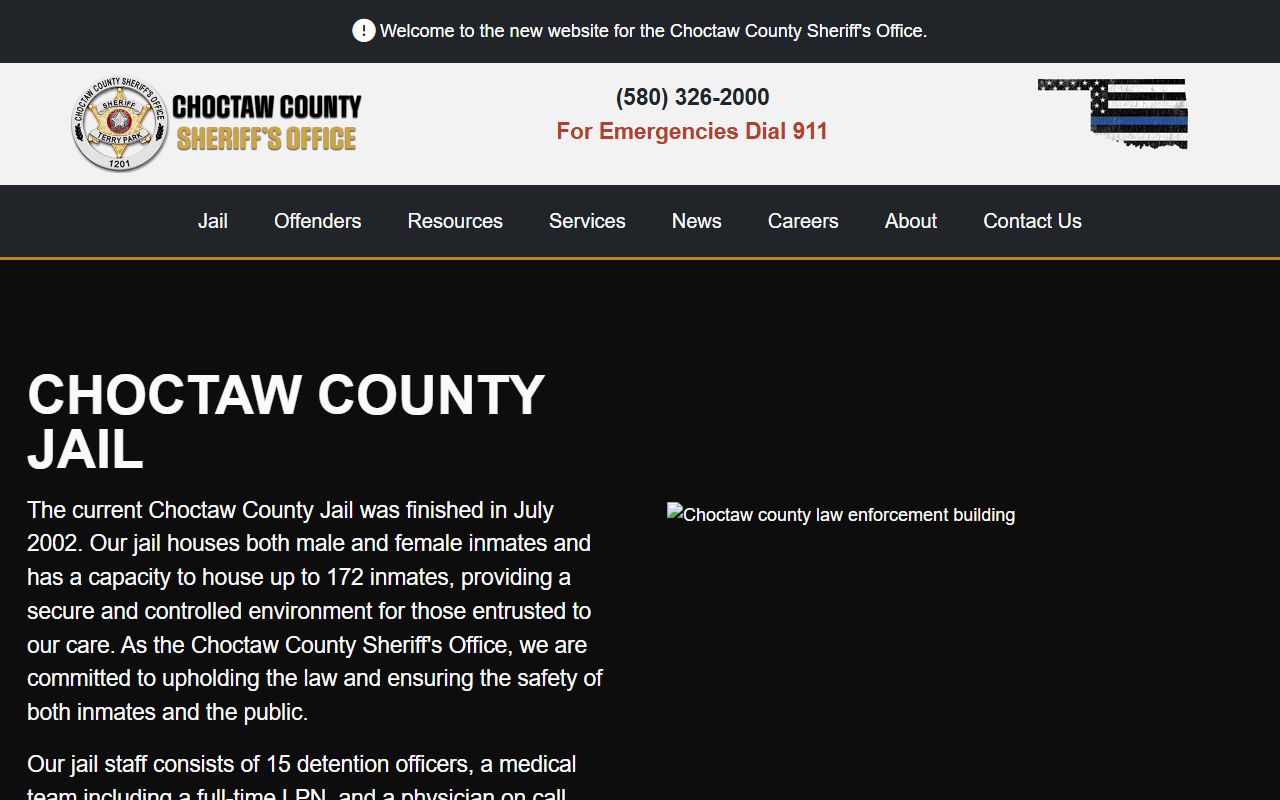 Choctaw County Jail overview page with inmate capacity and jail staff details