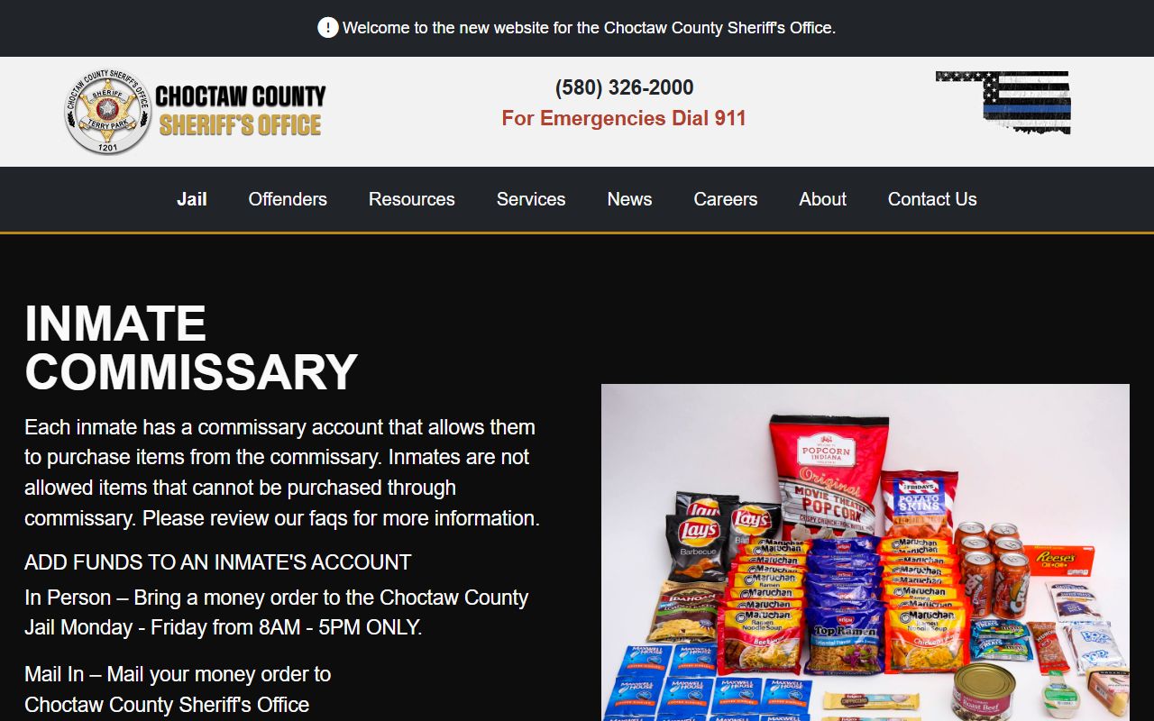 Choctaw County Jail commissary money order and inmate account rules