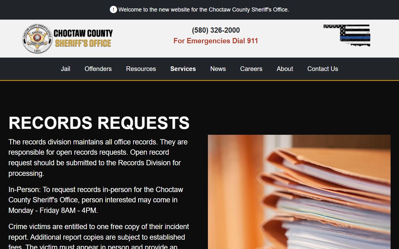 Choctaw County Sheriff's Office records request page with records division details and in-person request hours