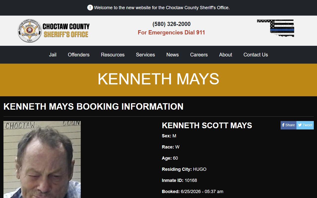 Choctaw County sample inmate profile showing booking photo, demographics, inmate ID, booking time, and charges